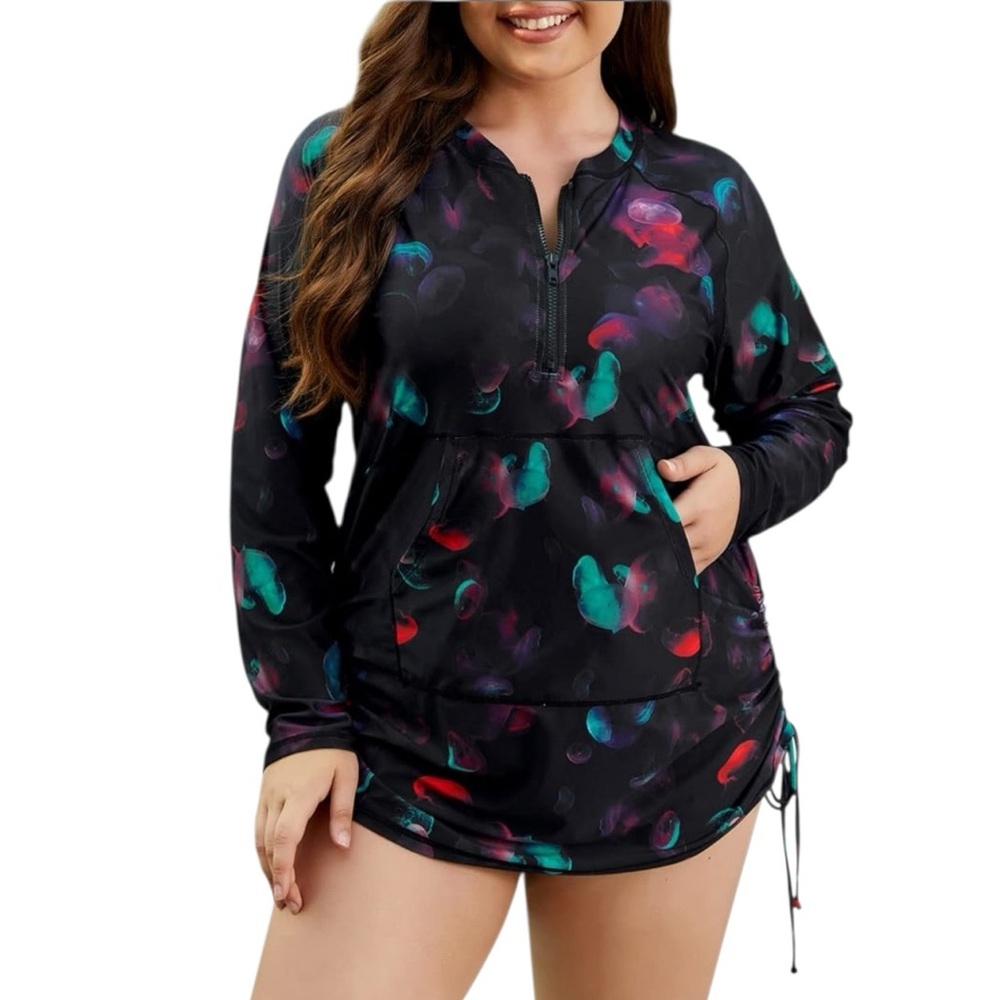 Halcurt Plus Size Long Sleeve Zip-Front Rash Guard Swim Top UPF 50+ NWT